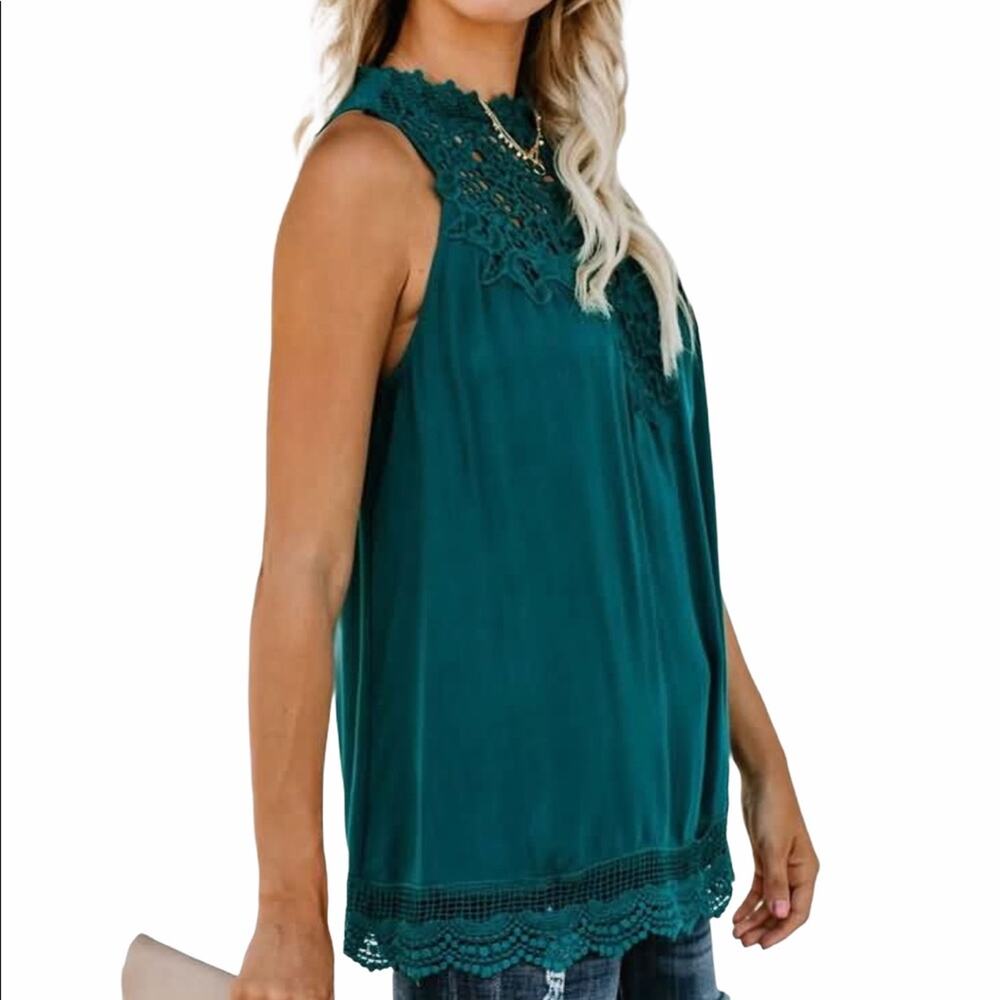 VICI Women's Teal Sleeveless High Neck Embroidered Blouse